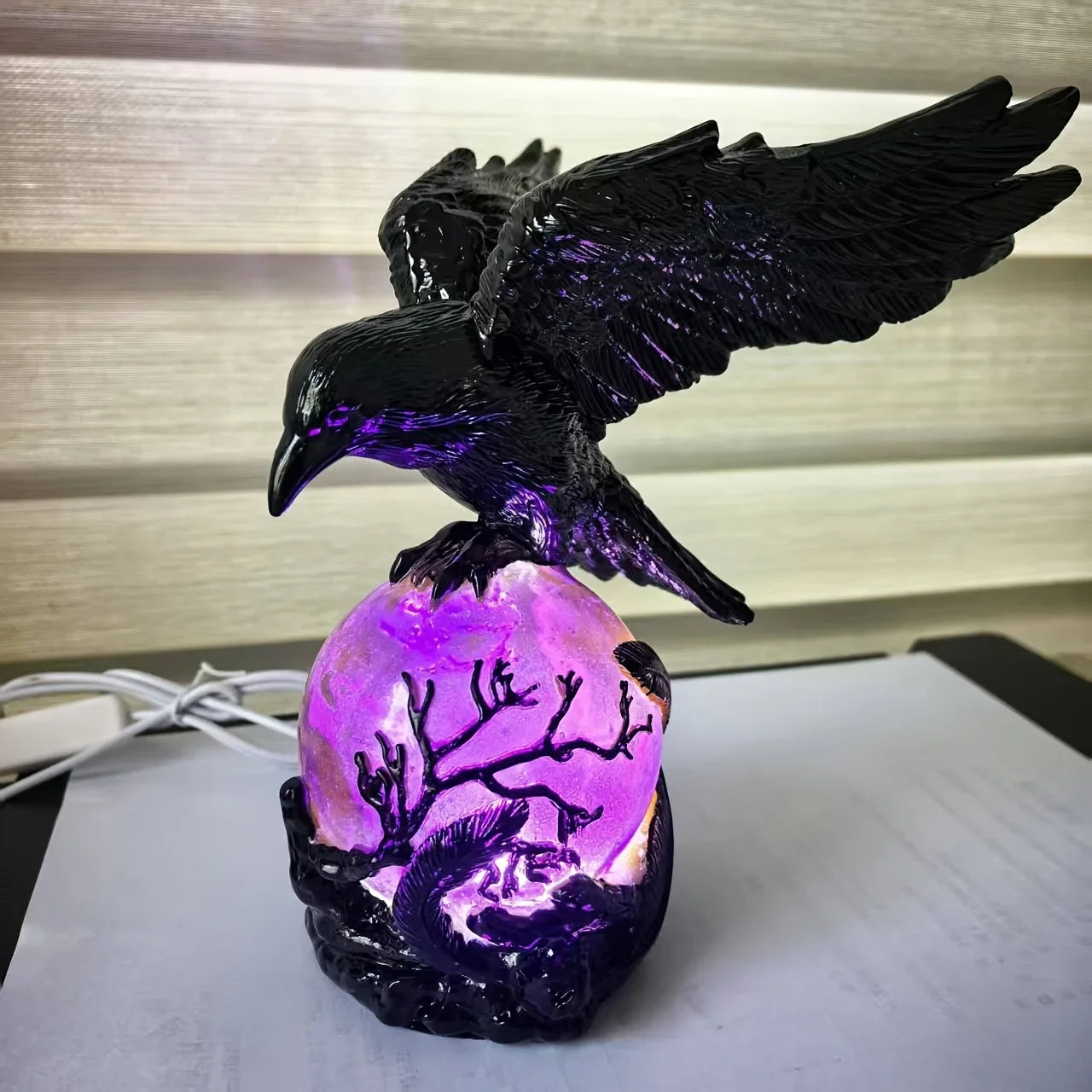 Illuminated Raven Sculpture Outdoor Gothic Lamp With Moonlit Sphere