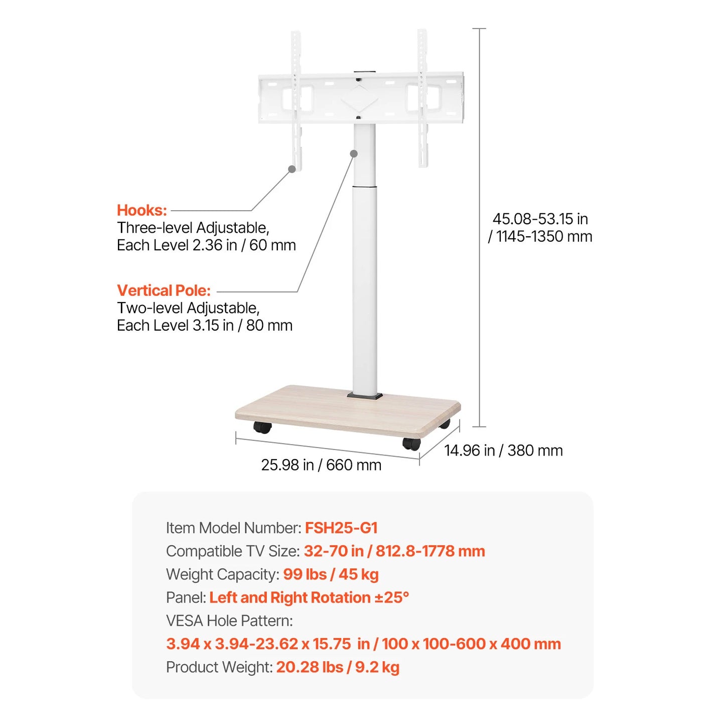 SucceBuy Rolling TV Stand With Wheels For Living Room Office