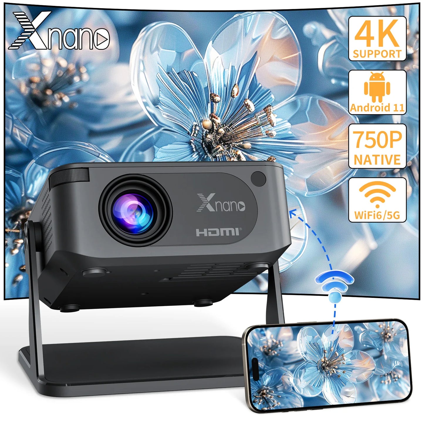 XNANO Mini Smart Projector 720P Native 4K Decoding Dual WiFi