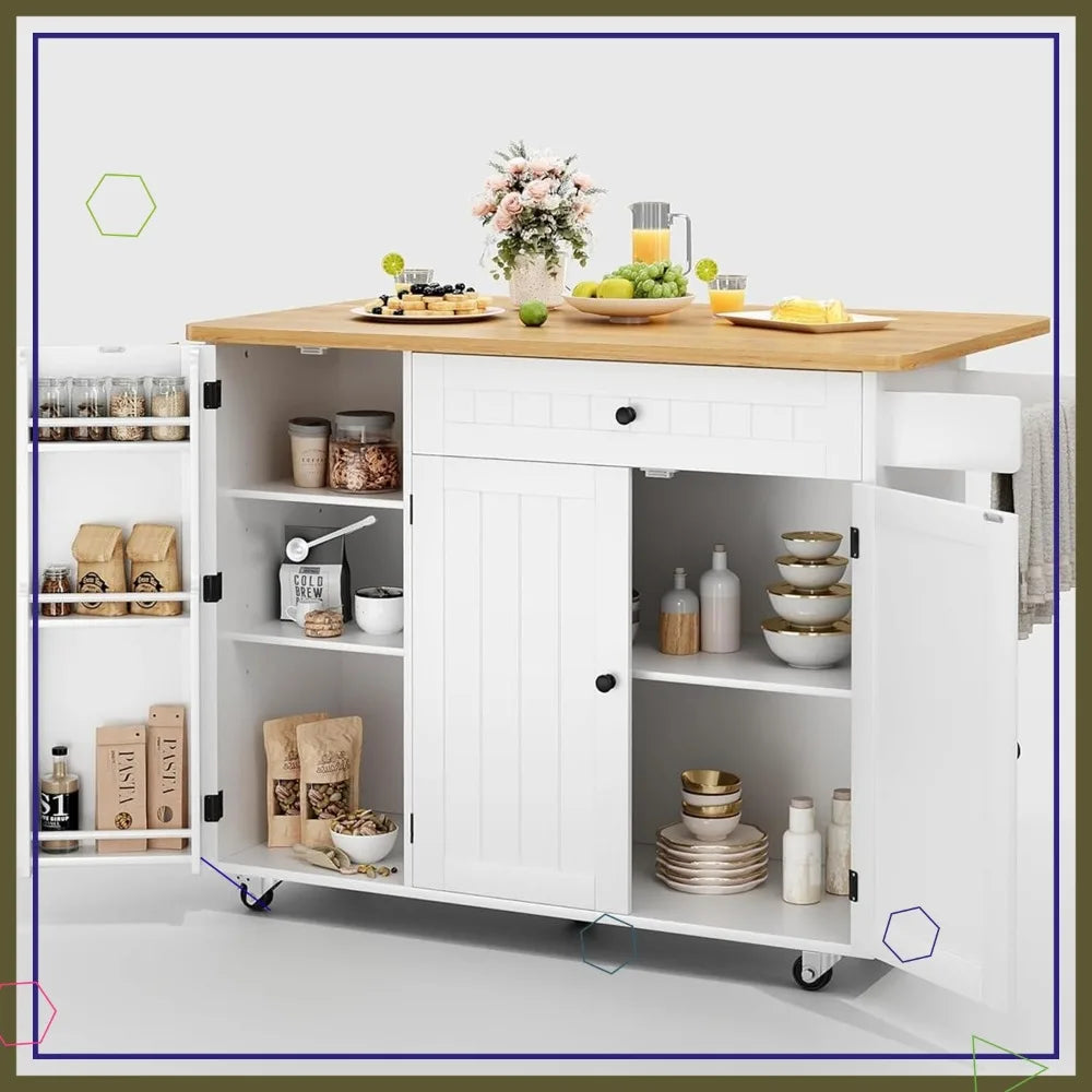 Portable Kitchen Island Cart With Storage, Drop Leaf Table, Wheels