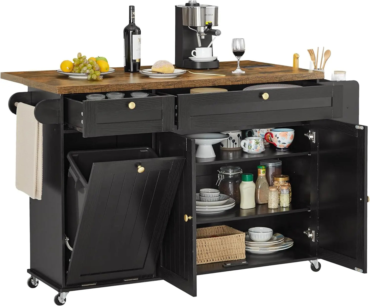 ONBRILL Drop-Leaf Mobile Kitchen Island With Power Outlet
