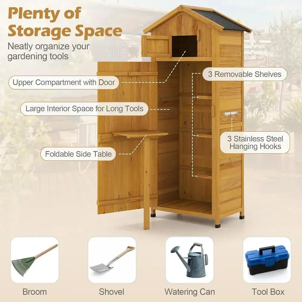 Outdoor Wooden Storage Shed With Folding Table And Removable Shelves