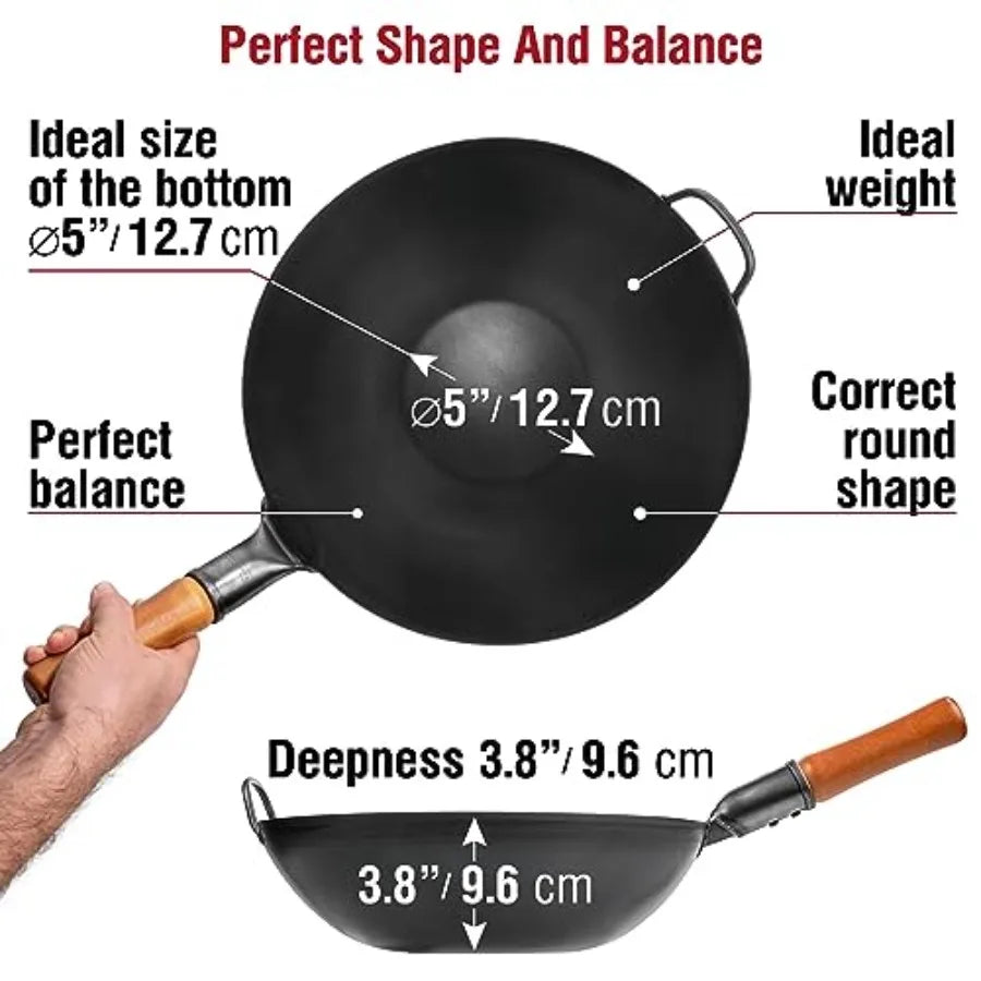 Carbon Steel Wok Pan Preseasoned Flat Bottom Stir Fry