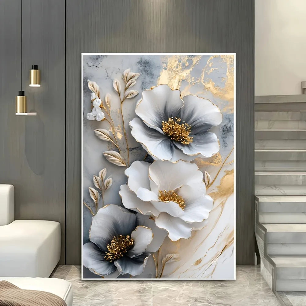 Modern Floral Canvas Mural, Framed 3D Painting for Bedroom and Living Room