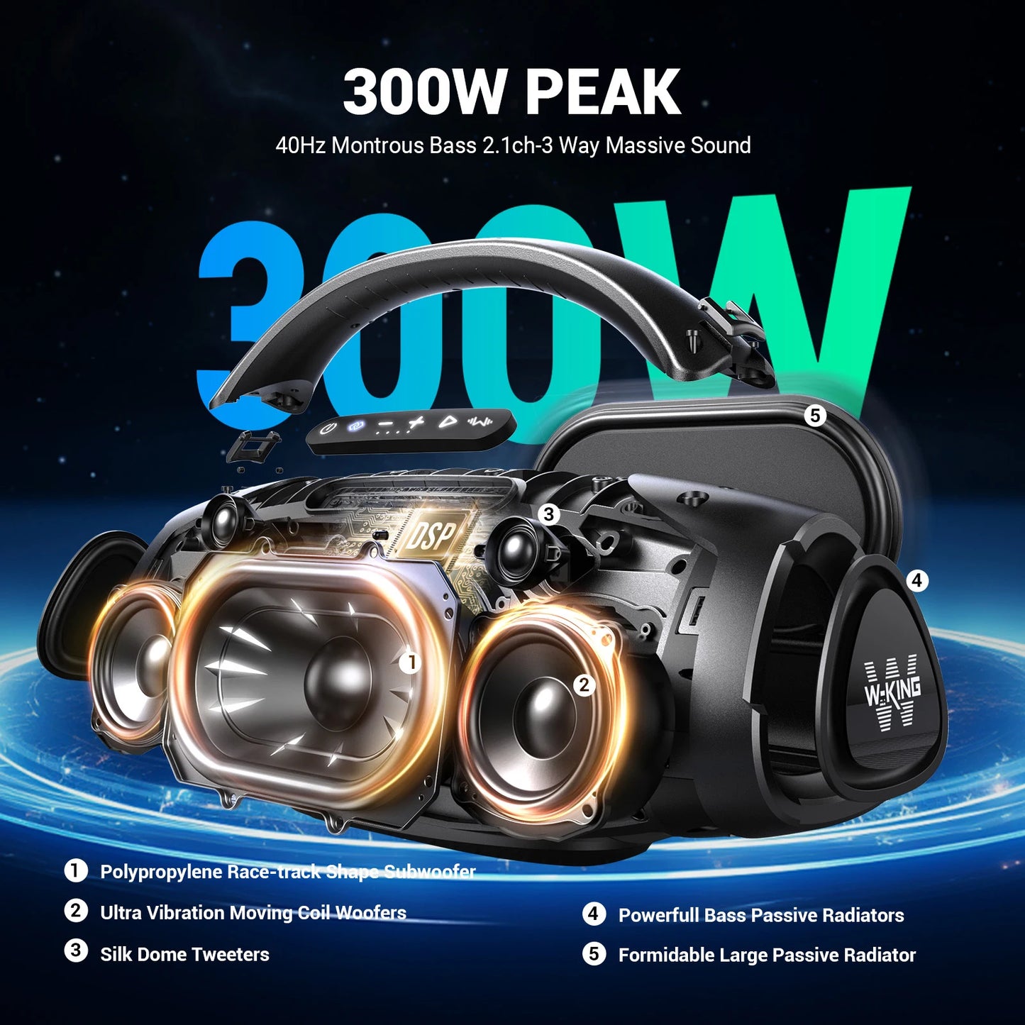 W-King D20 200W RMS Portable Bluetooth Speaker IPX7 Waterproof Outdoor
