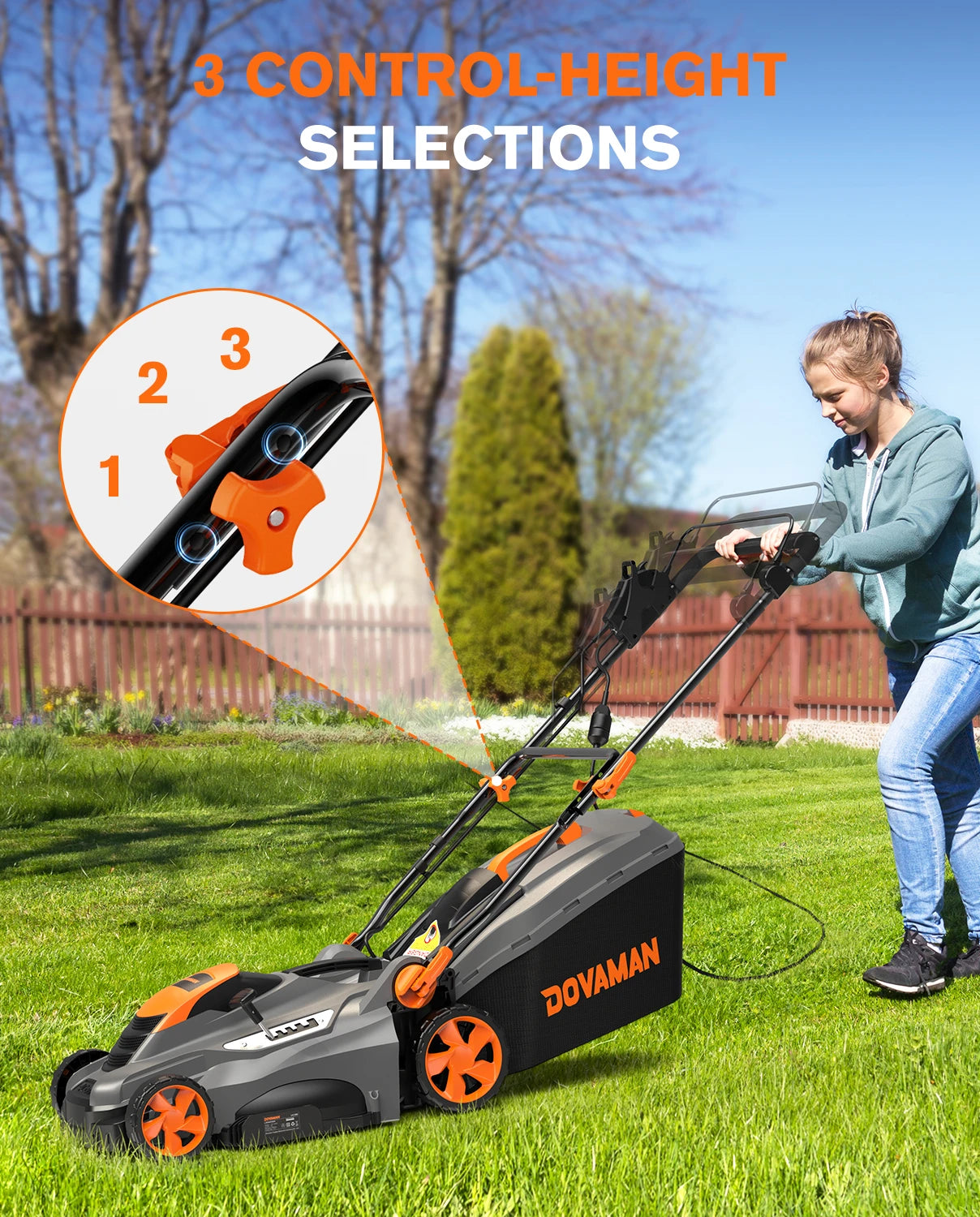 Dovaman 13Amp Corded Lawn Mower With 2in1 Mulching Bagging