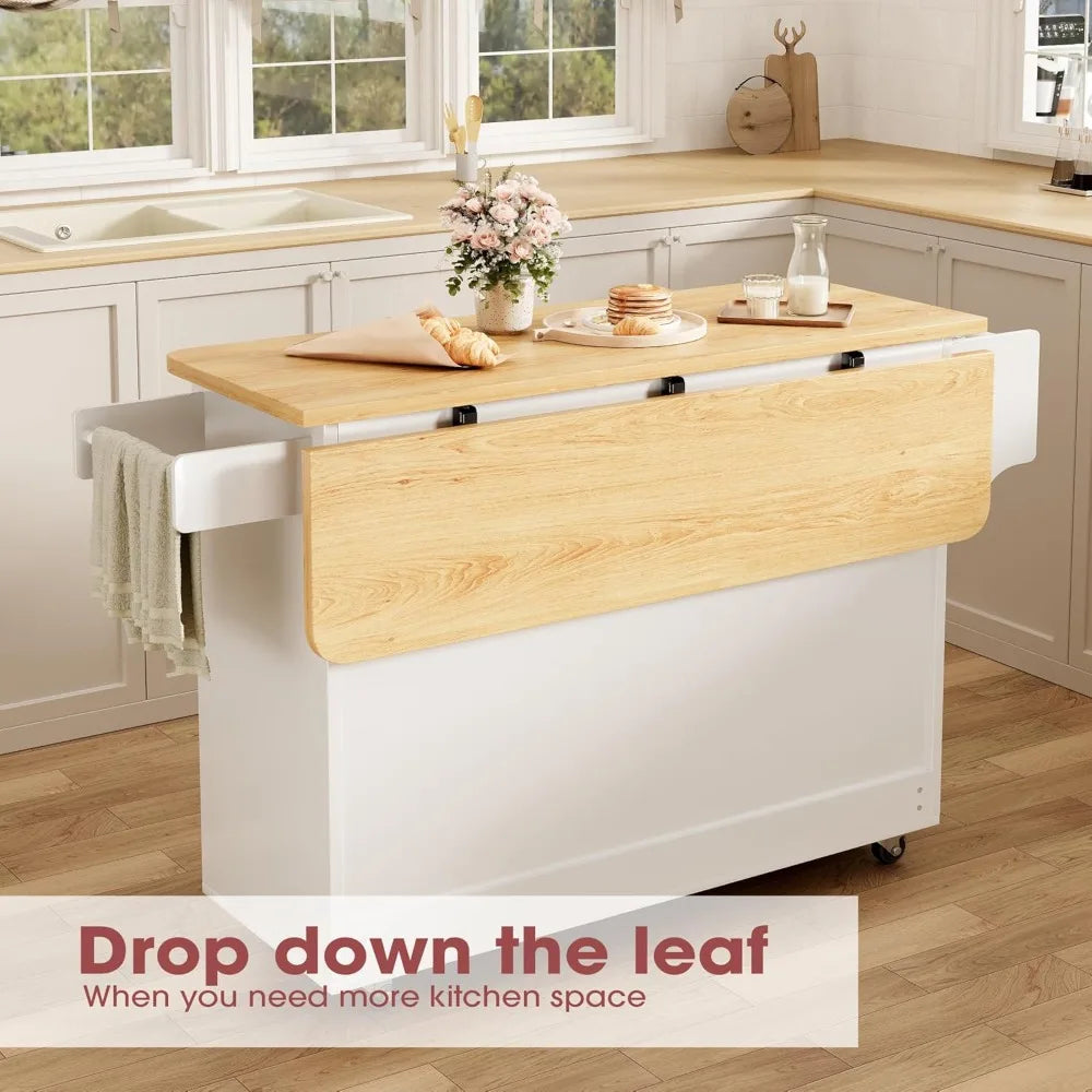 Portable Kitchen Island Cart With Storage, Drop Leaf Table, Wheels