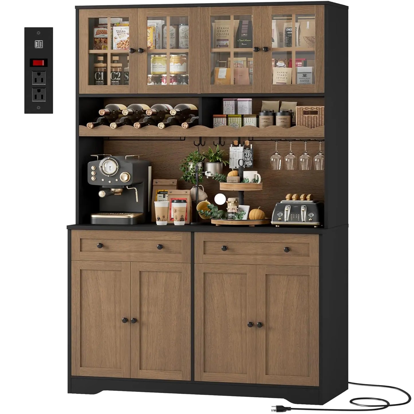 Modern Kitchen Pantry Cabinet With Charging Station And Microwave Stand