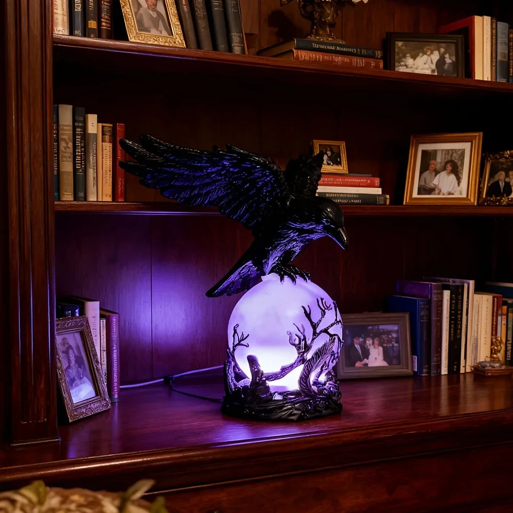 Illuminated Raven Sculpture Outdoor Gothic Lamp With Moonlit Sphere