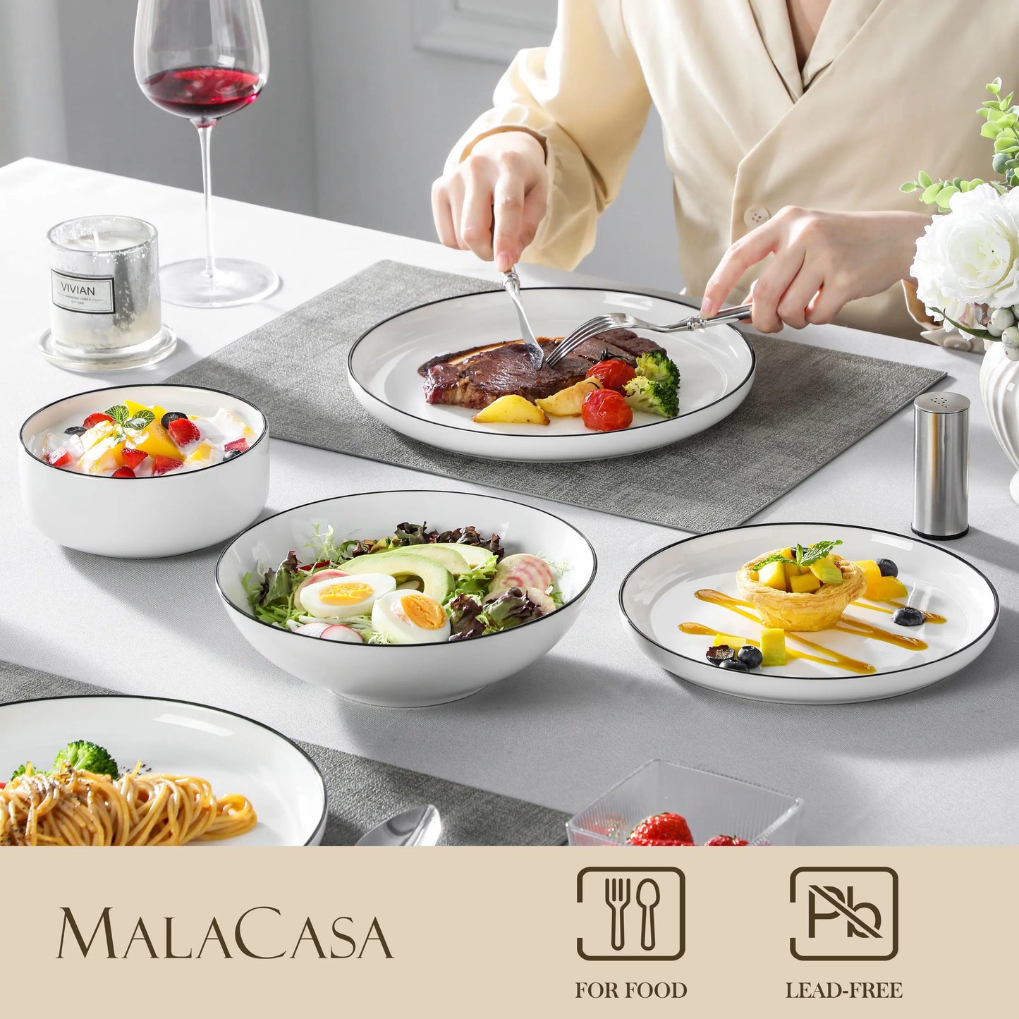 MALACASA Ceramic Dinnerware Set 24/48 Piece Porcelain Plates Bowls