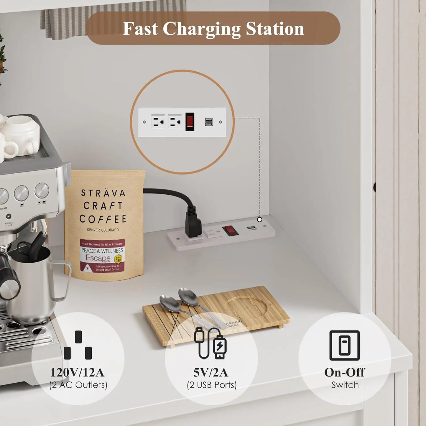 Modern Kitchen Pantry Cabinet With Charging Station And Microwave Stand