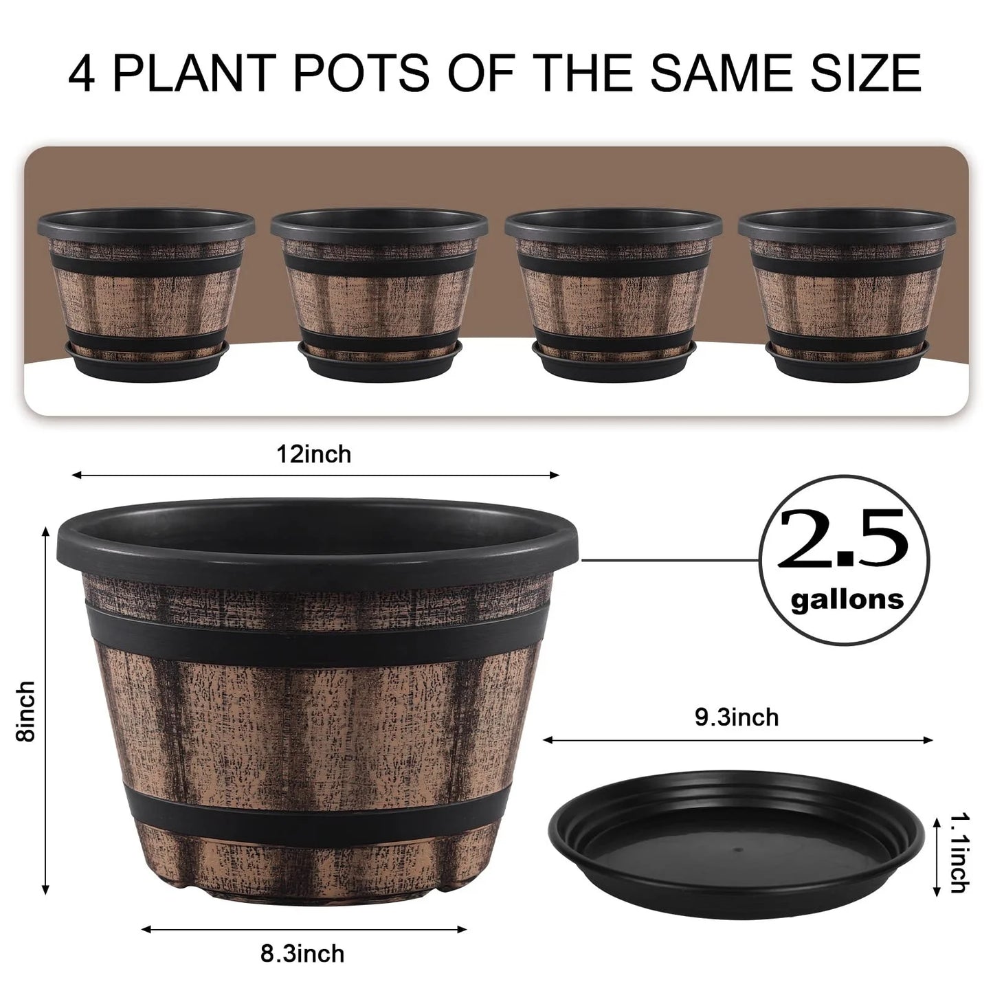 Whiskey Barrel Style Plastic Planters Set Of 4 With Drainage Holes