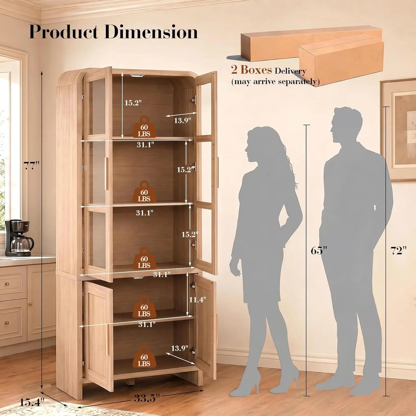 Kitchen Pantry Cabinets With Wooden Curved Storage And Adjustable Shelves