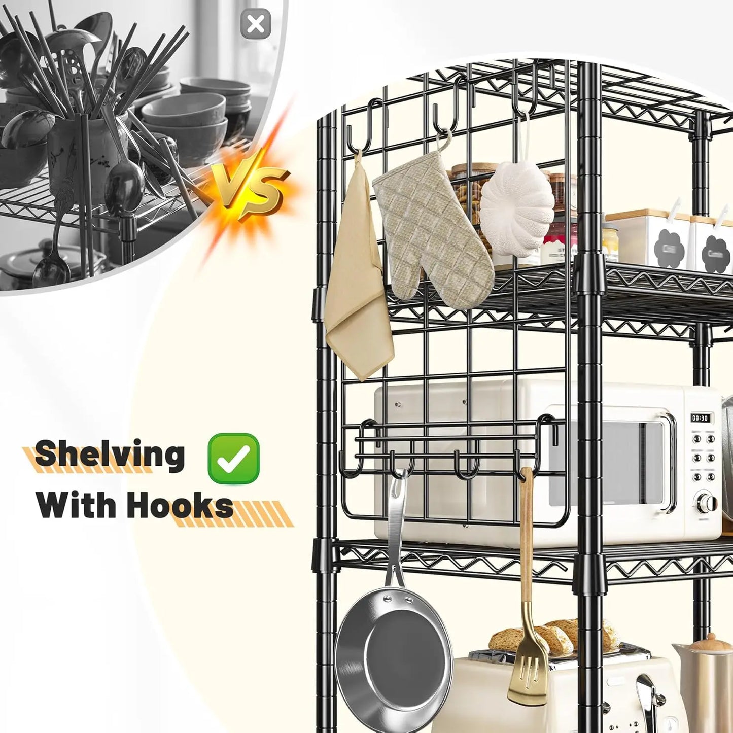 5-Tier Metal Shelving With Side Hooks Adjustable Storage
