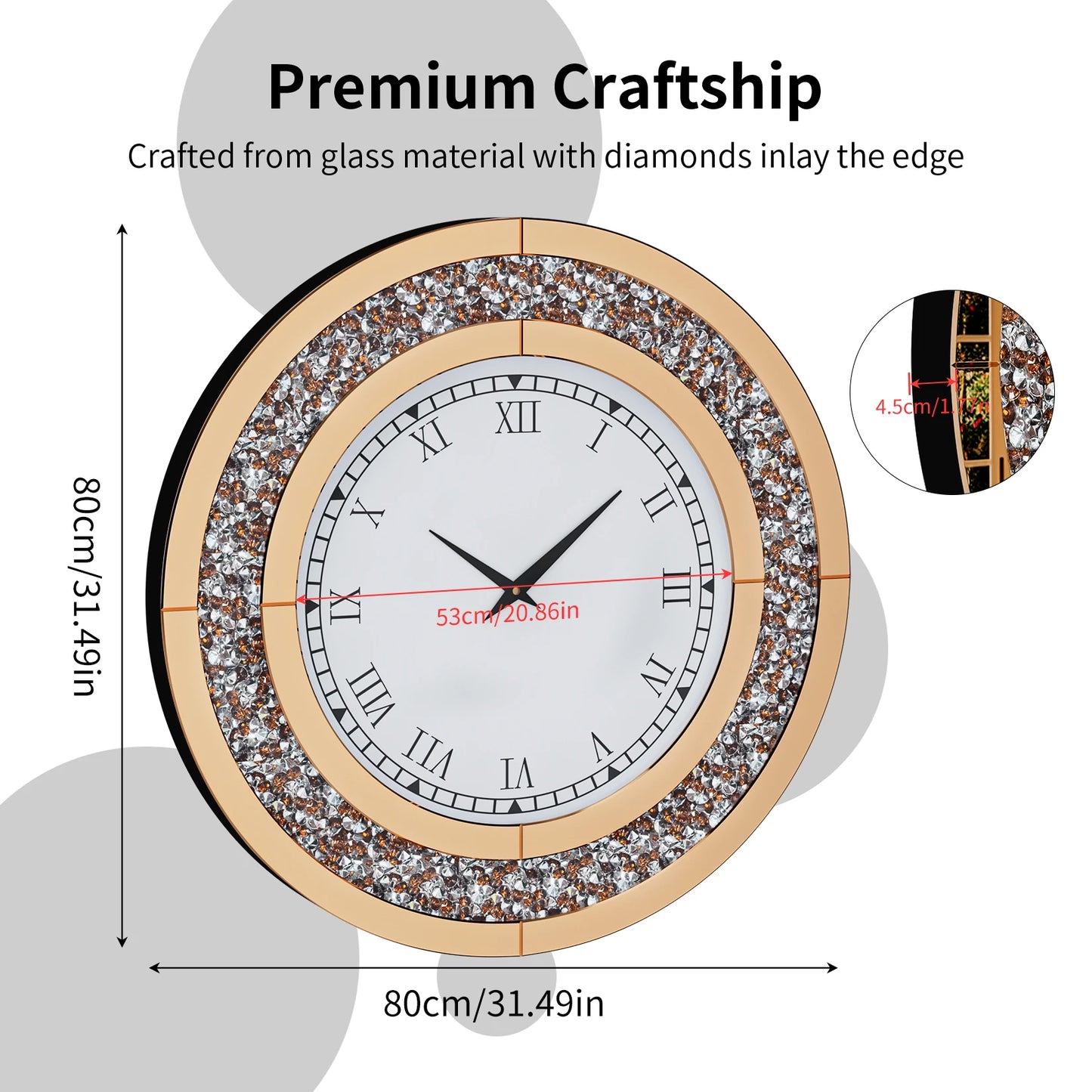 Round Mirror Clock With Crystal Sparkle Accents For Wall Decoration