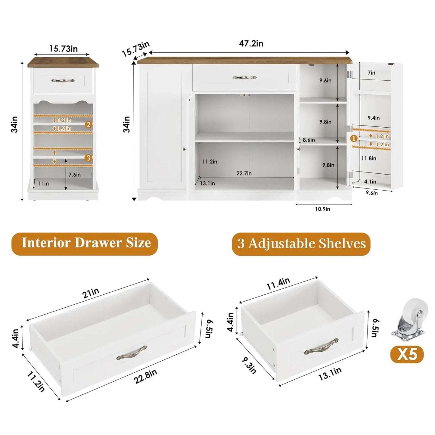 Guangbai Wheeled Kitchen Island Cart With Storage And Two Drawers