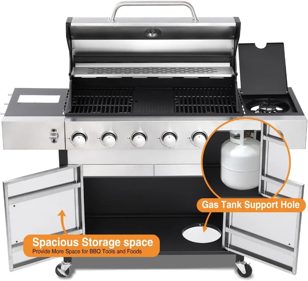 6 Burner Propane Gas Grill With Cast Iron Grates And Side Burner