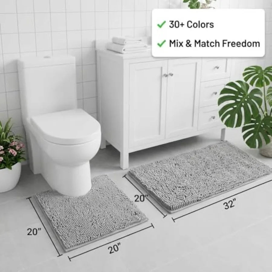 Chenille Bathroom Rug Sets With Non-Slip Backing