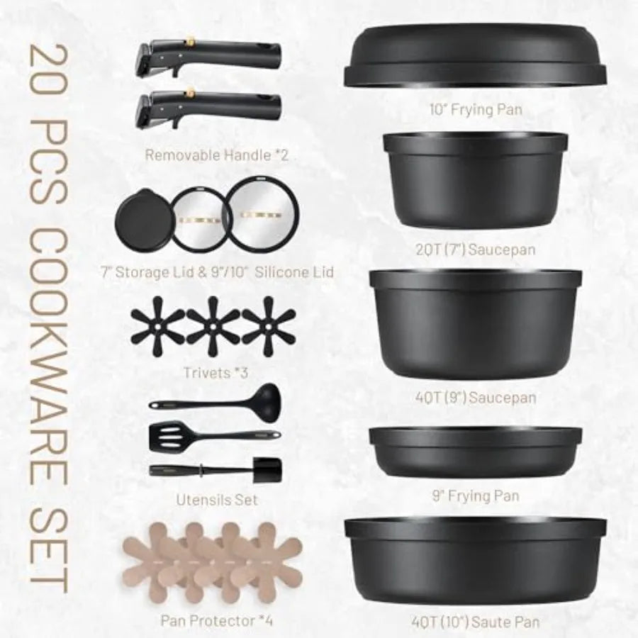 Nonstick Cookware Set 20pcs With Removable Handle for Oven Safe