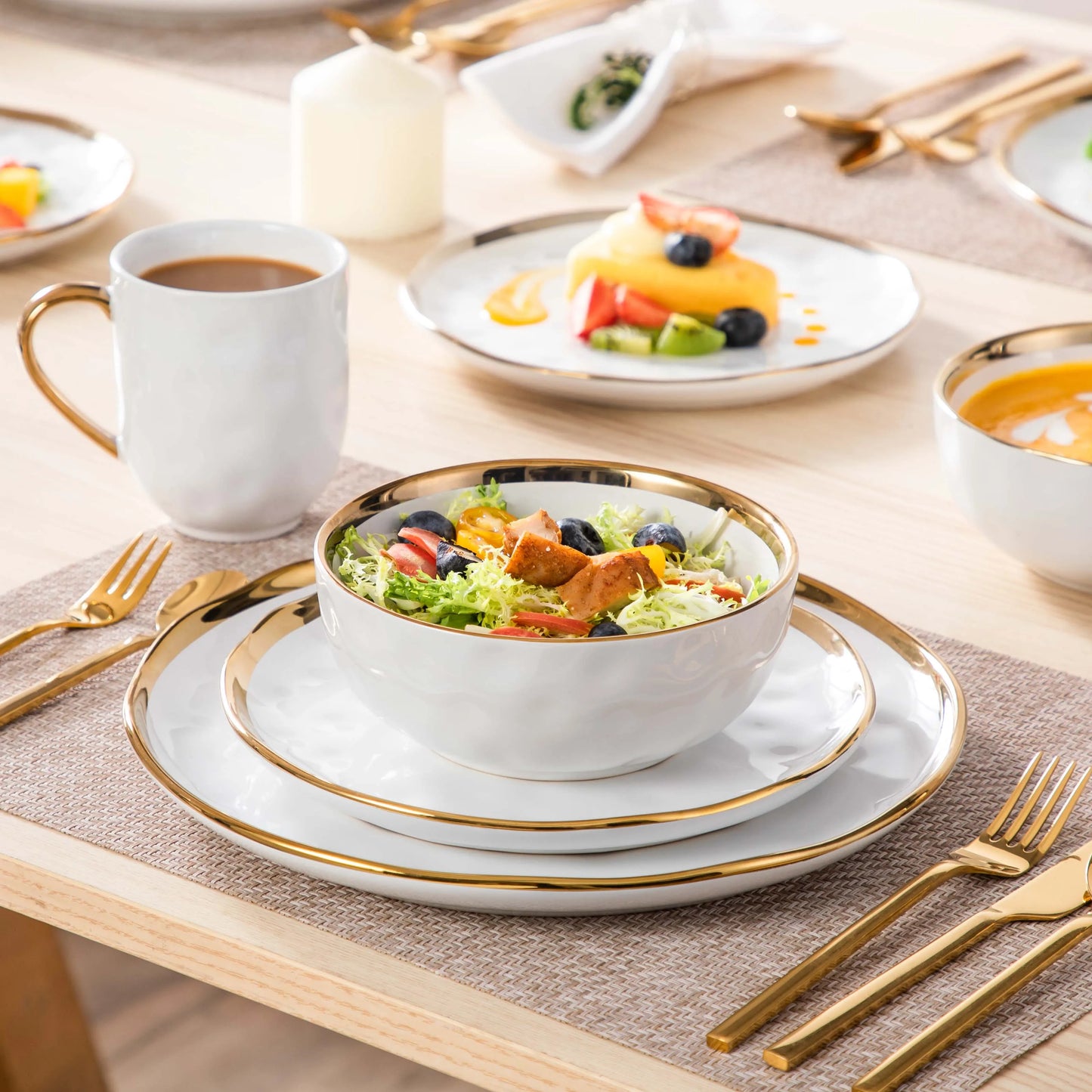 Malacasa White Gold Trim Handmade Stoneware Dinnerware Set