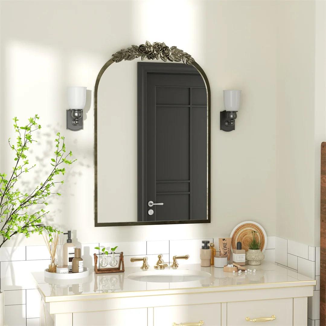 LUVODI Arched Wall Mirror Antique Metal Frame Resin Rose Pattern