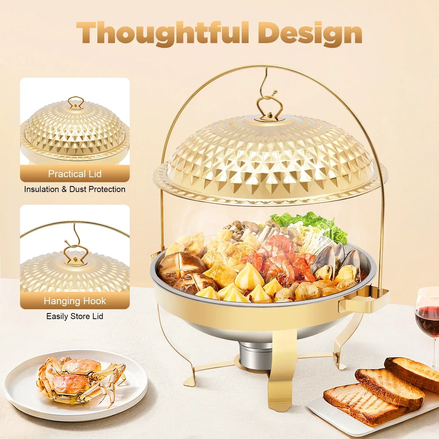 Stainless Steel Round Chafing Dish Buffet With Hanging Lid
