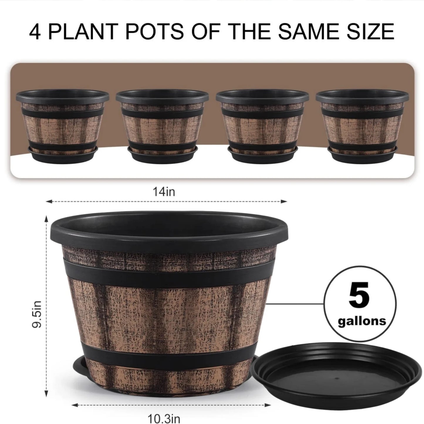 Whiskey Barrel Style Plastic Planters Set Of 4 With Drainage Holes