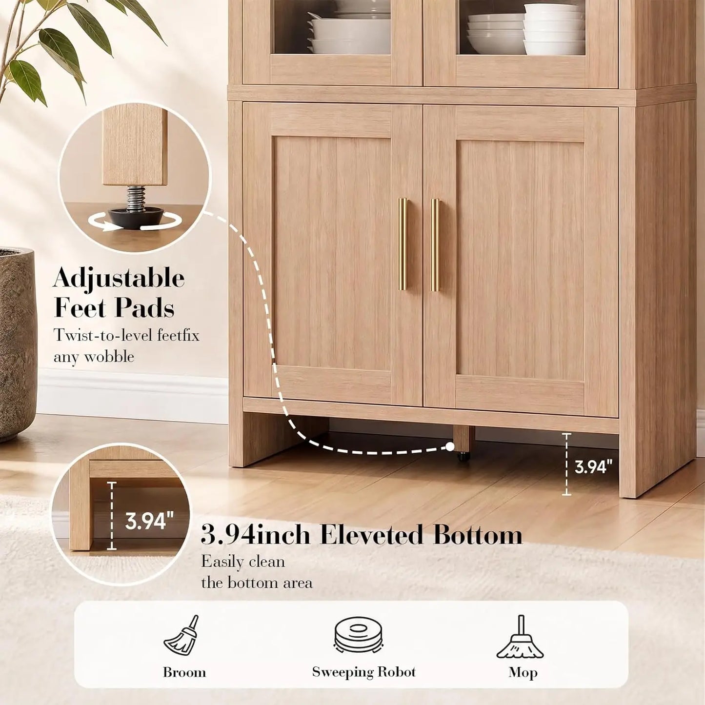 Kitchen Pantry Cabinets With Wooden Curved Storage And Adjustable Shelves