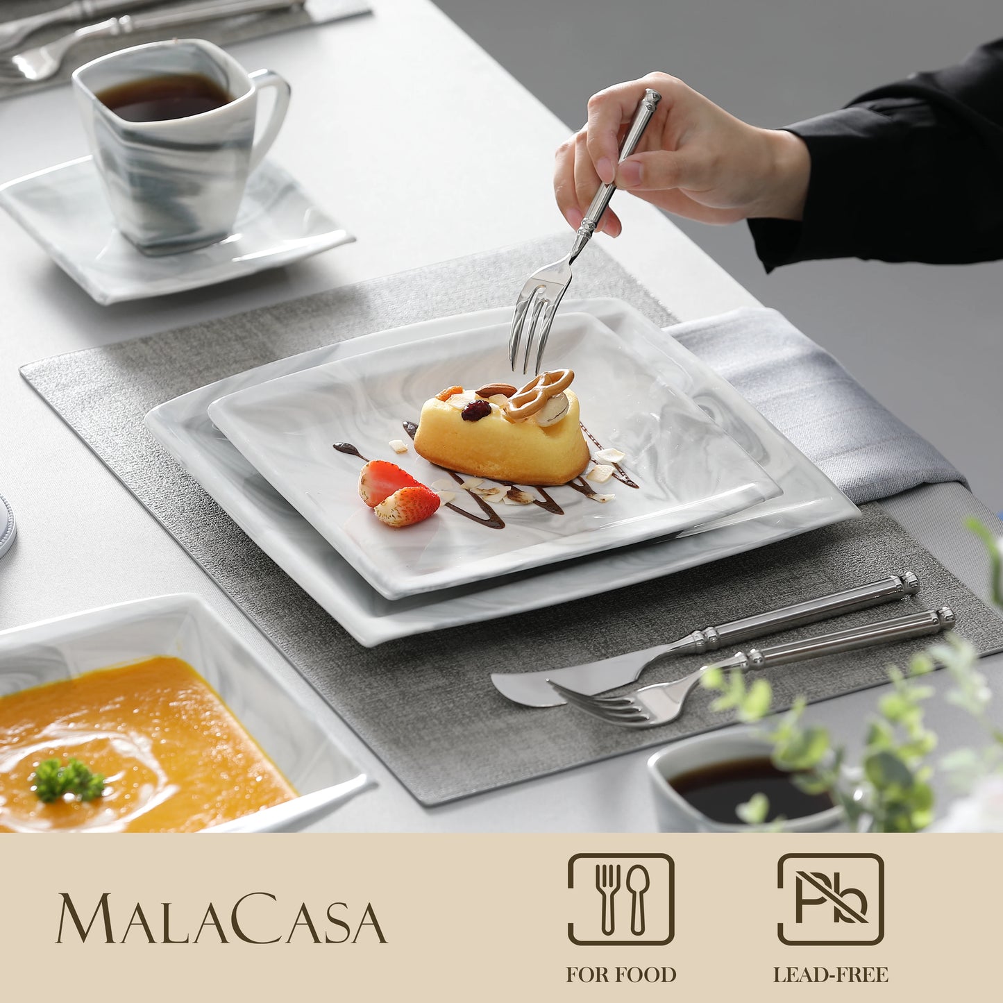 MALACASA Porcelain Dinnerware Set For 12 Service Plates Bowls