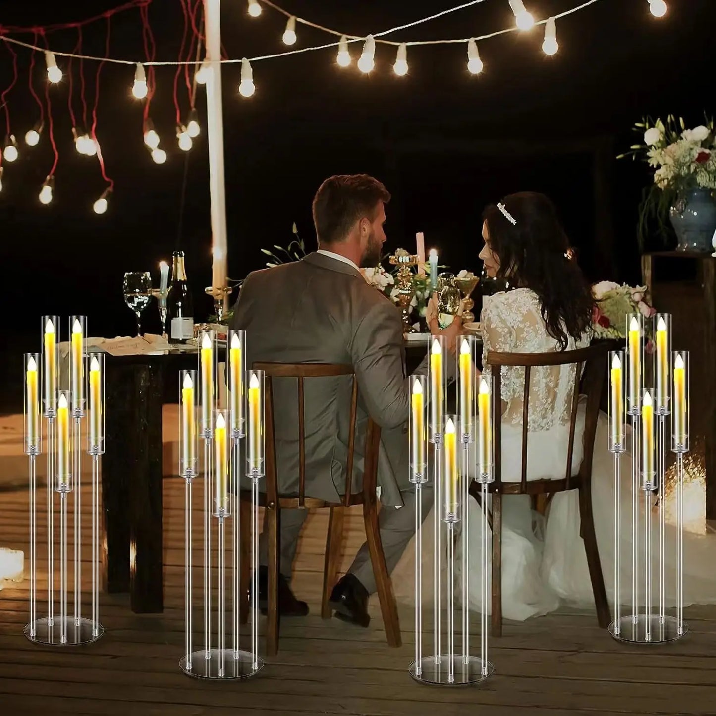 Clear Acrylic 5 Arm Candelabra Centerpieces With LED Candles