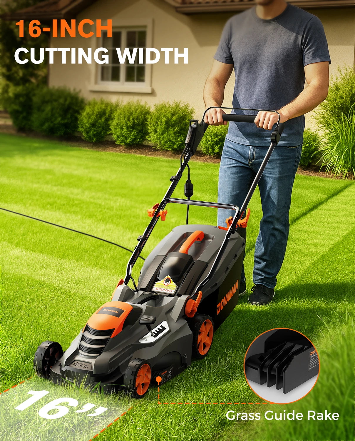 Dovaman 13Amp Corded Lawn Mower With 2in1 Mulching Bagging