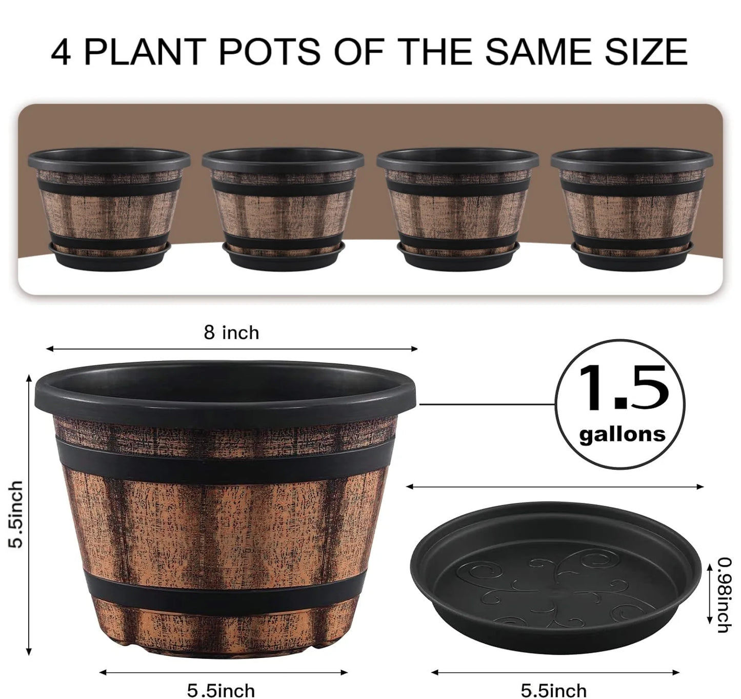 Whiskey Barrel Style Plastic Planters Set Of 4 With Drainage Holes