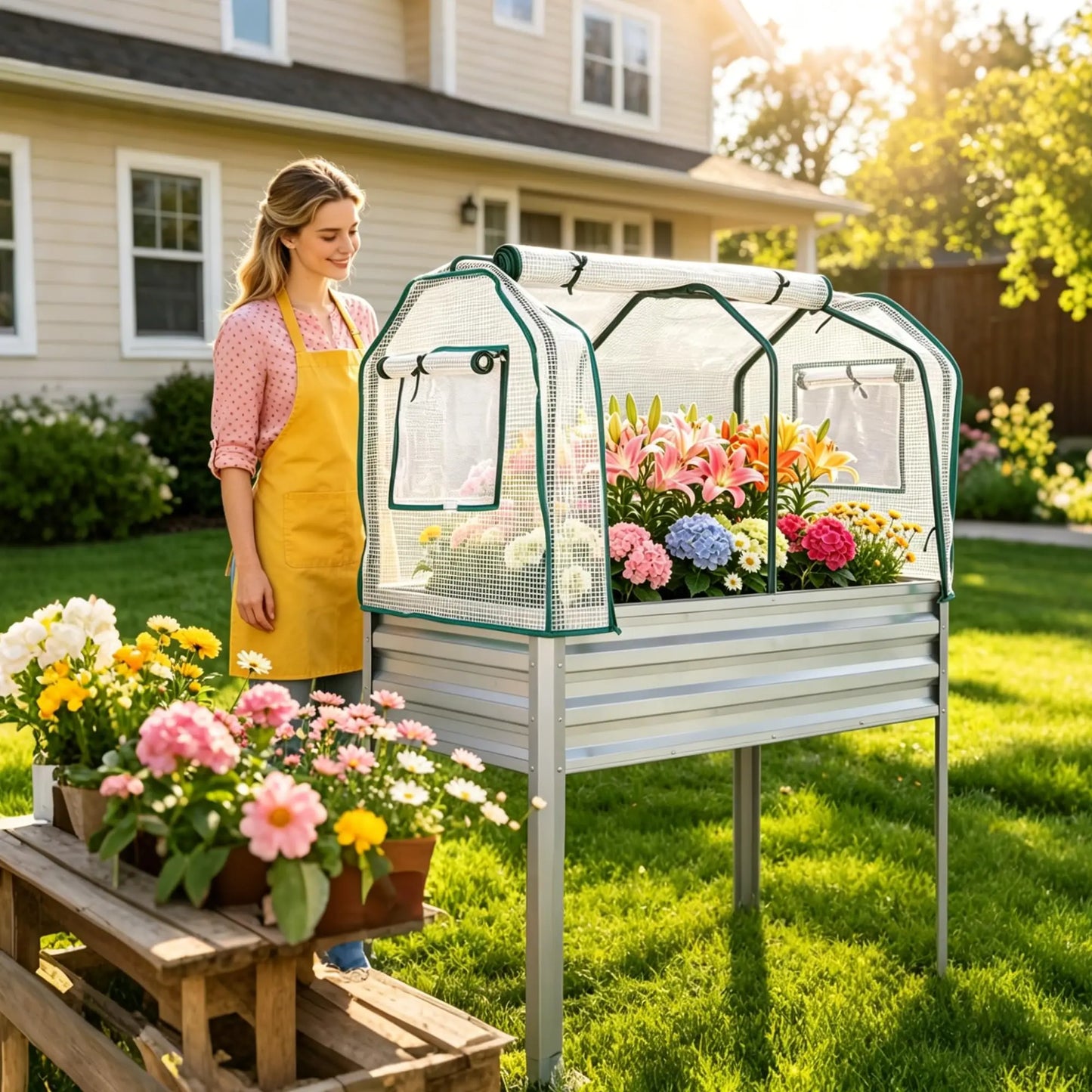 HiMISS Galvanized Raised Garden Bed With Cover And Legs For Vegetables And Herbs