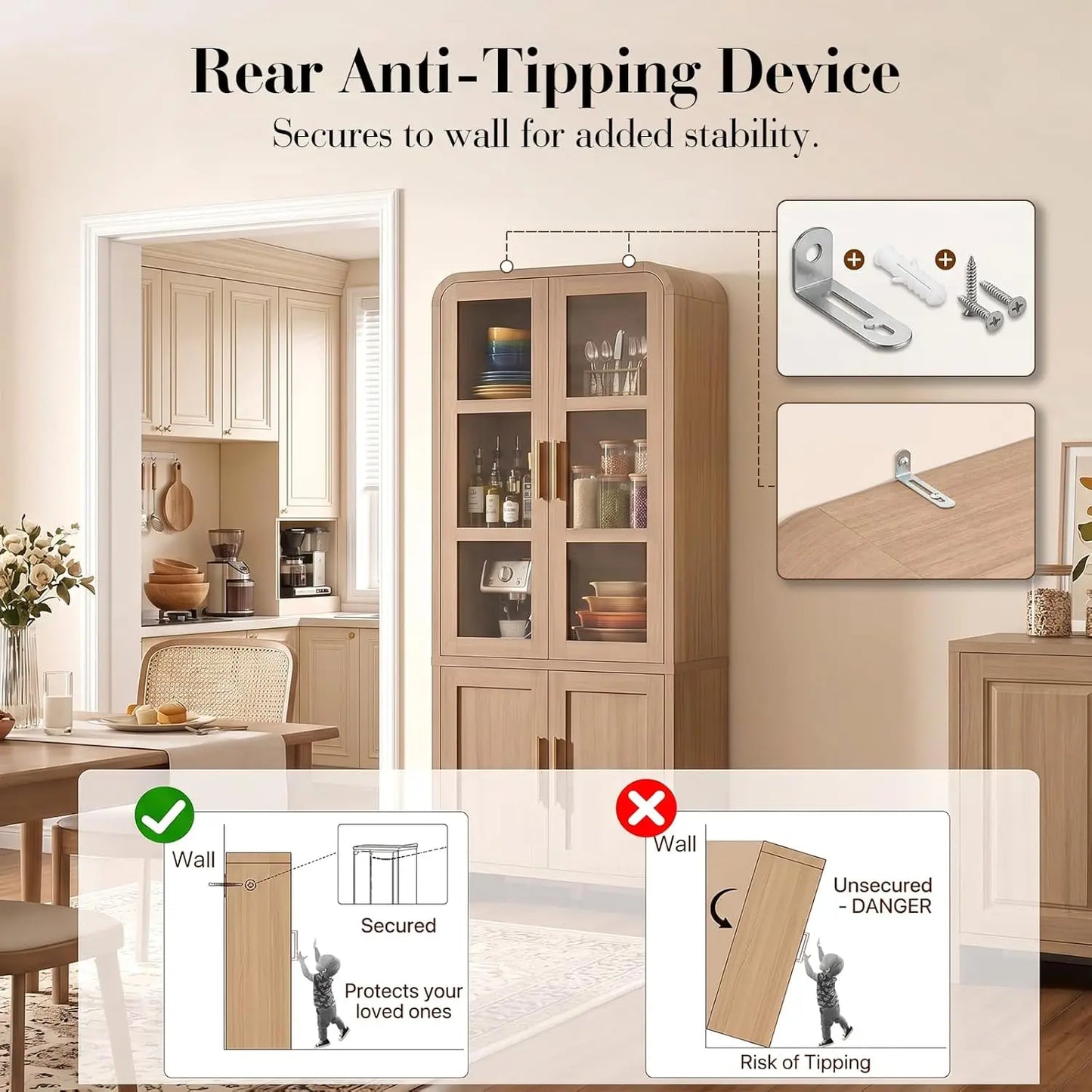 Kitchen Pantry Cabinets With Wooden Curved Storage And Adjustable Shelves