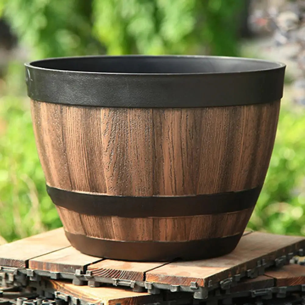 Rustic Farmhouse Whiskey Barrel Planter Faux Wood Plastic Pot