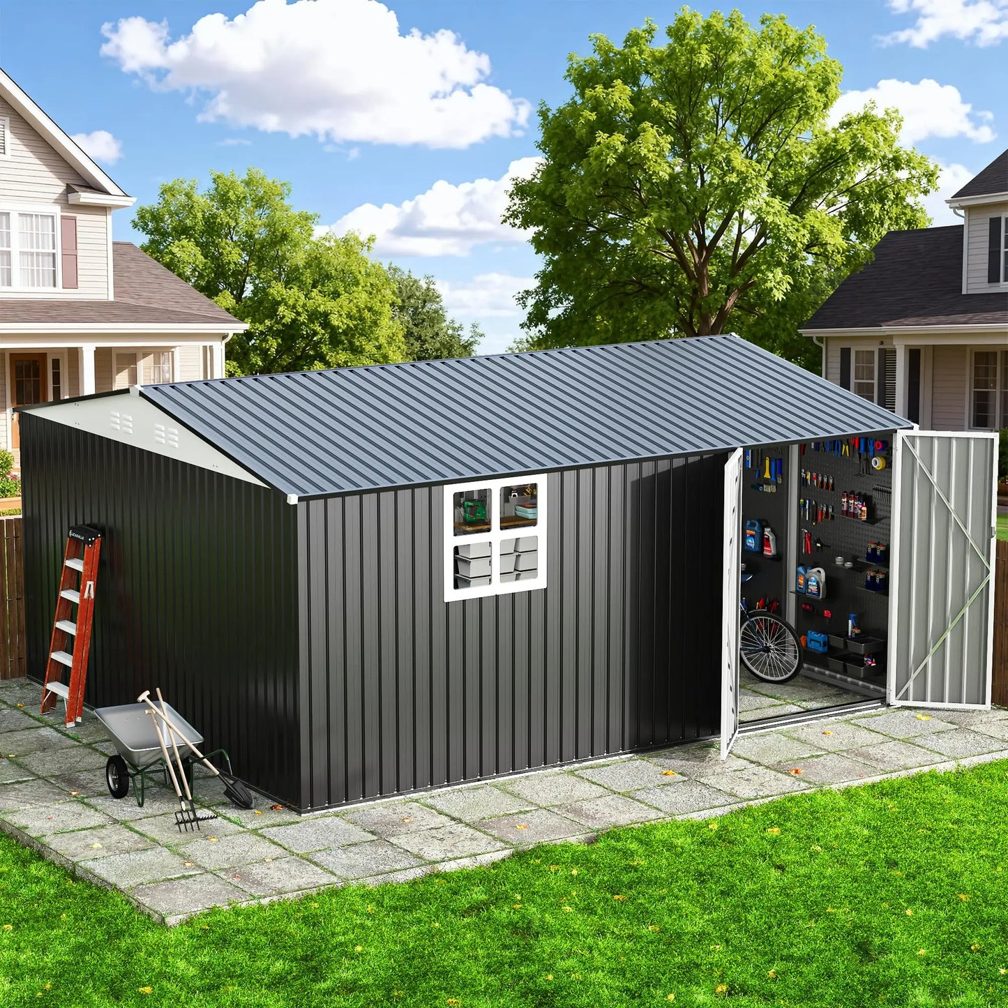 VIWAT Outdoor Metal Storage Shed With Window And Lockable Door