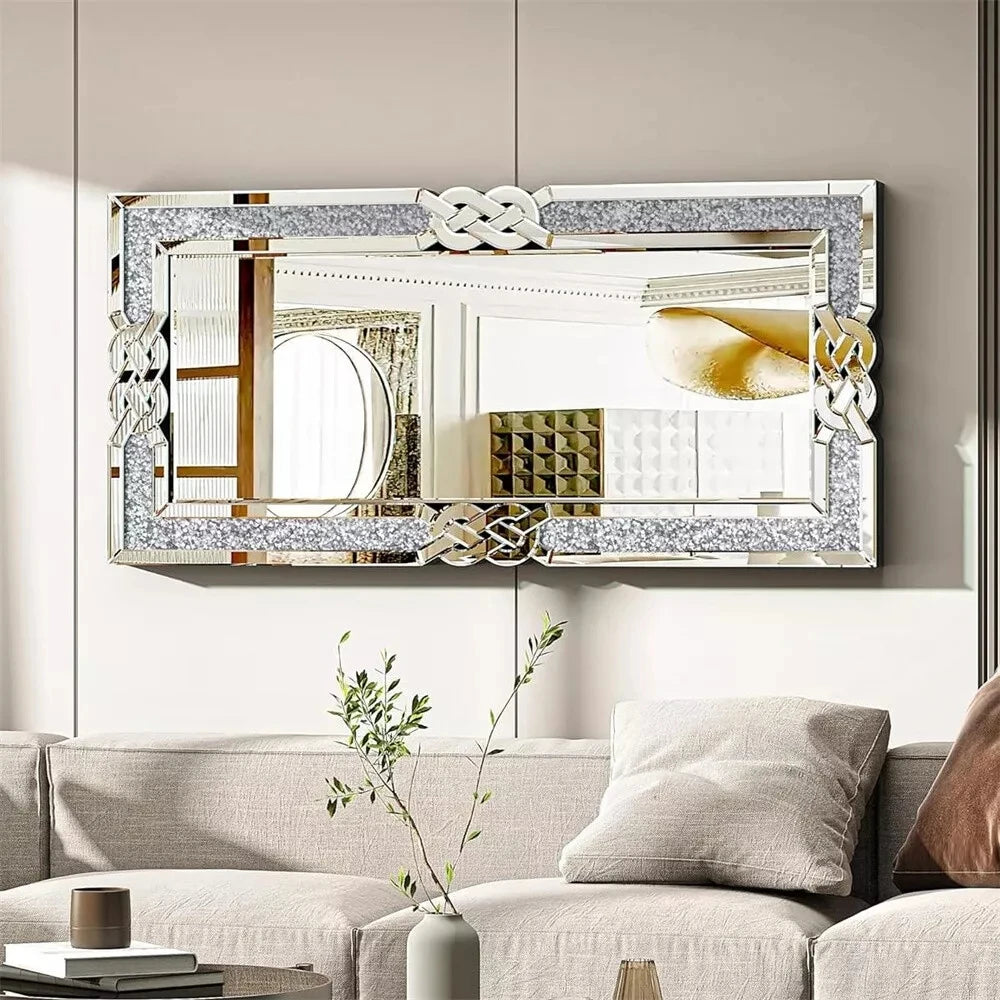 Crystal Diamond Rectangle Wall Mirror Silver Sparkle Hanging Mirror