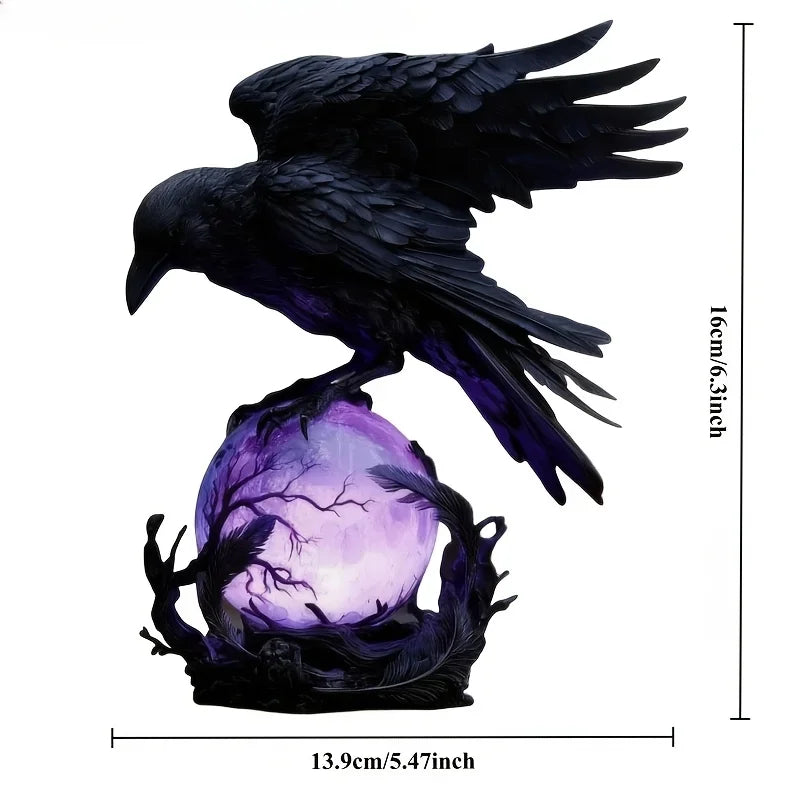 Illuminated Raven Sculpture Outdoor Gothic Lamp With Moonlit Sphere