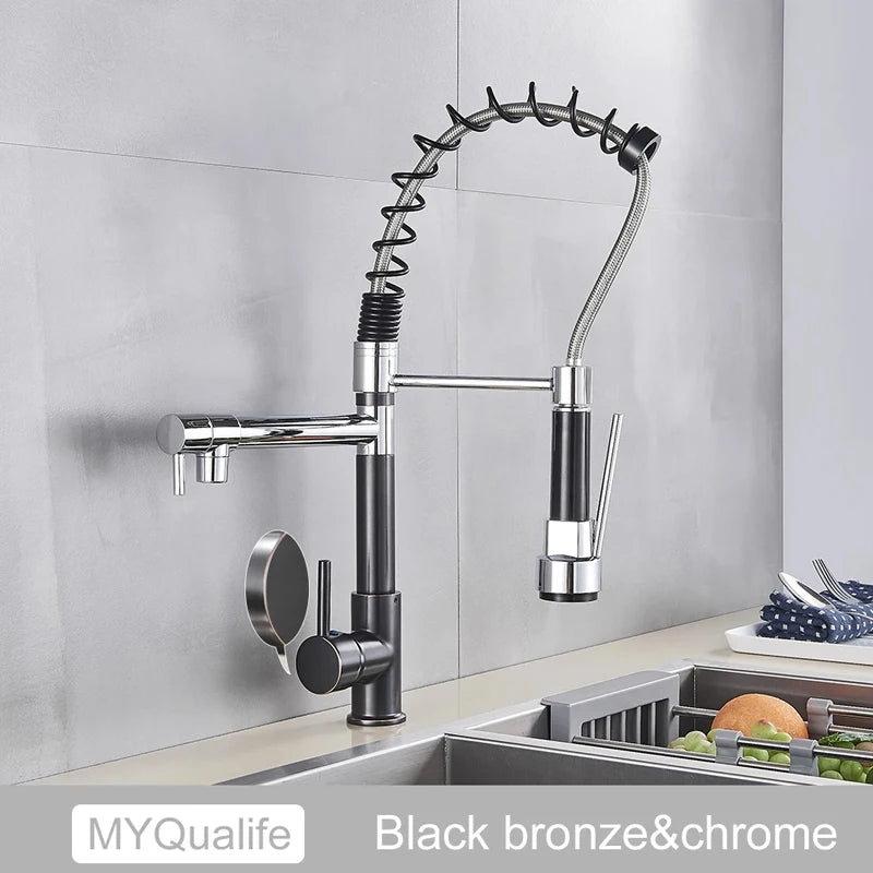 MYQualife Brass Pull Down Kitchen Sink Faucet With Dual Spout