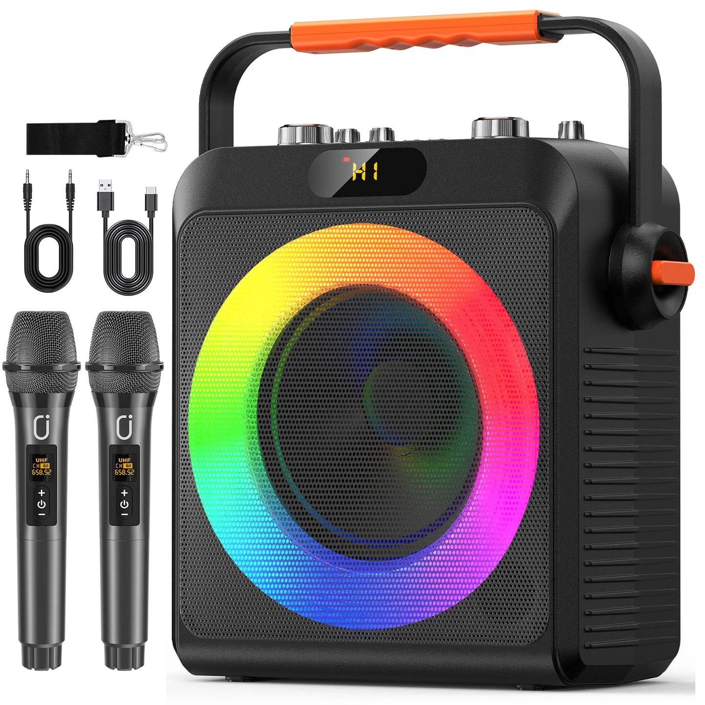 FanFun 2 Wireless Microphones Karaoke Machine With Treble Bass Adjustment