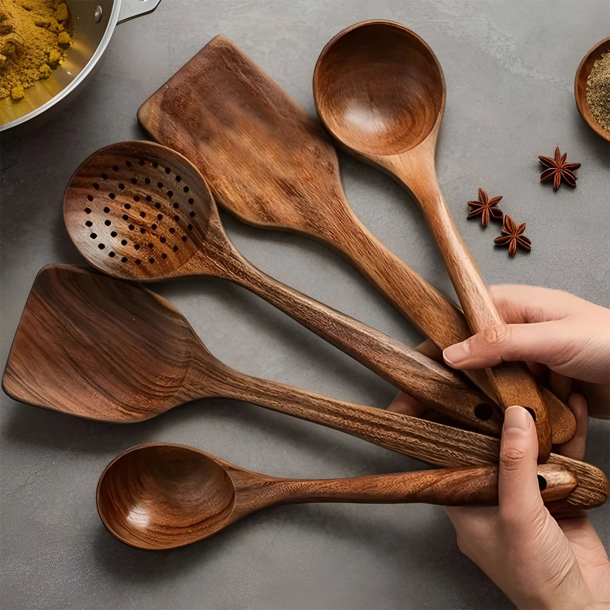 5 Piece Wooden Kitchen Utensil Set With Ergonomic Handles