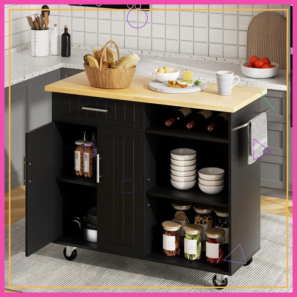 Kitchen Island Cart On Wheels With Storage Cabinet And Drawer