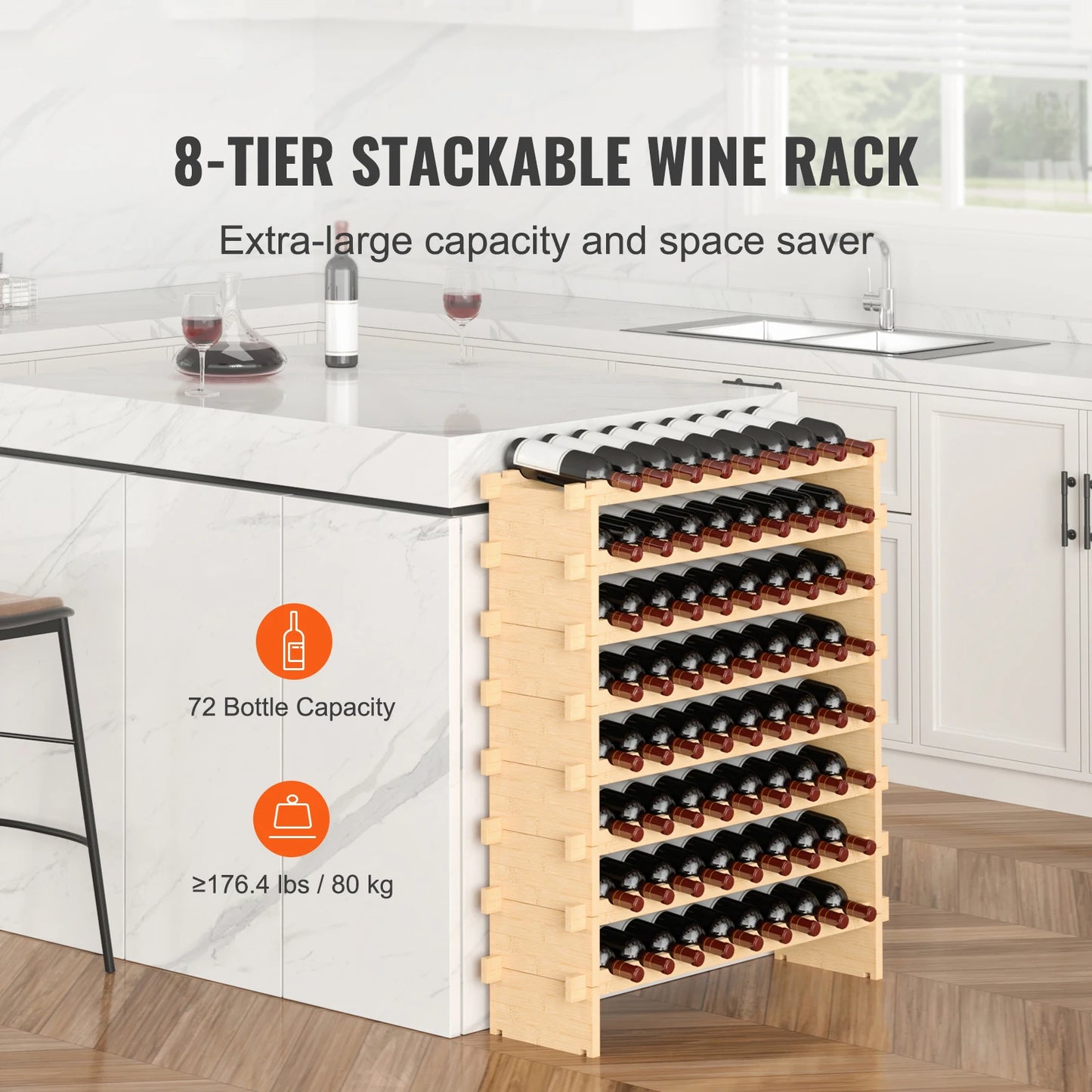 SucceBuy Bamboo Wine Rack 8-Tier Stackable Free Standing Storage