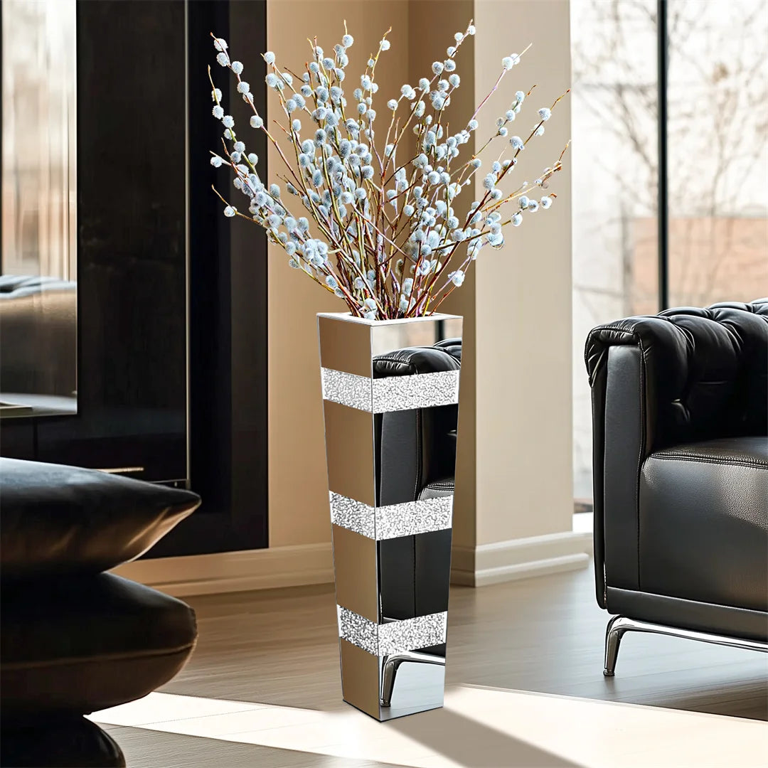 Modern Floor Vase With Crystals Mirrored Silver Standing Vase