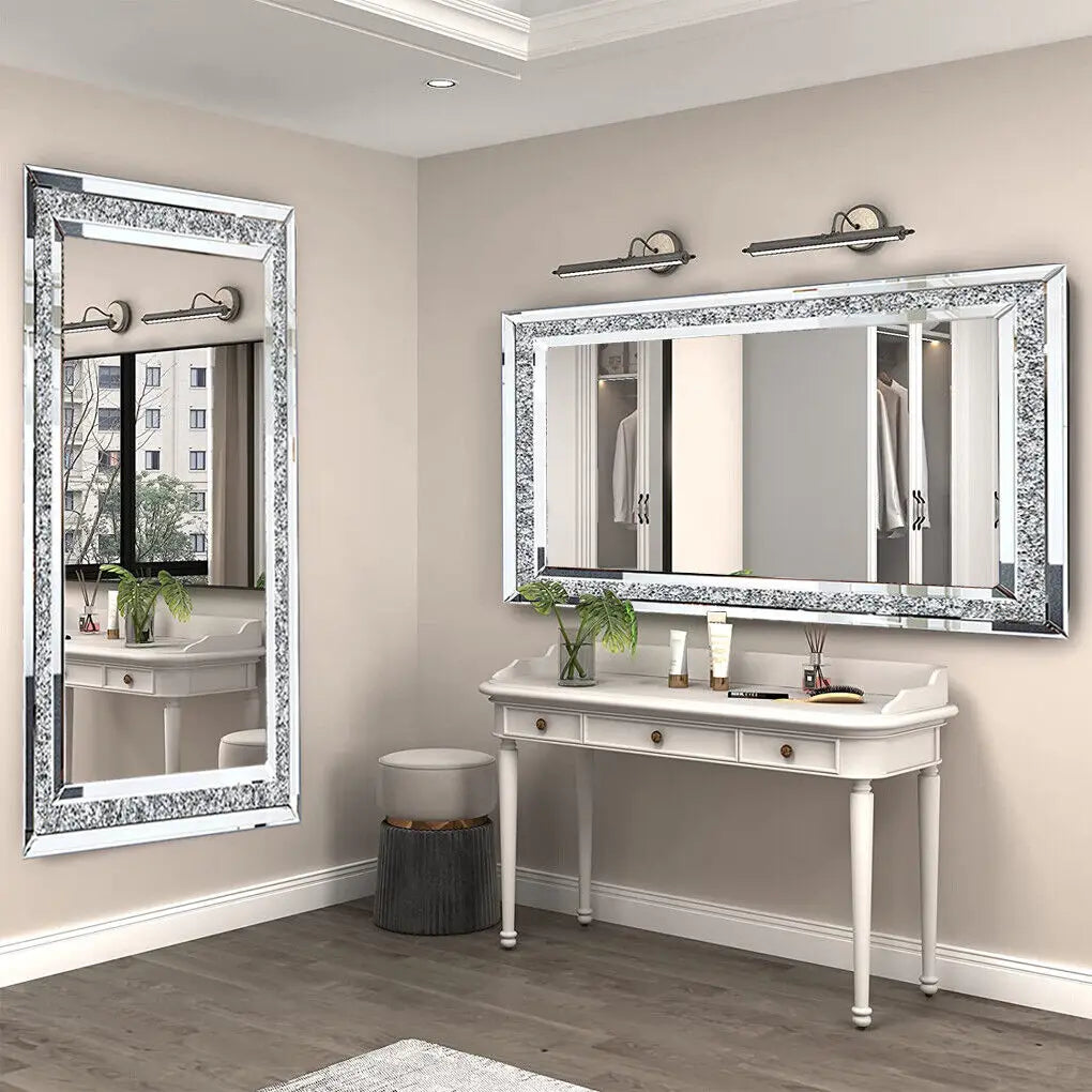 LUVODI Luxury Frameless Silver Crystal Rhinestone Wall Mirror