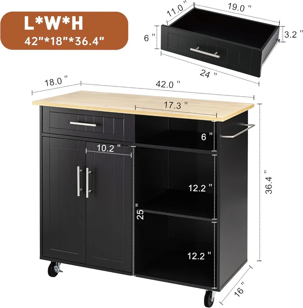 Kitchen Island Cart On Wheels With Storage Cabinet And Drawer