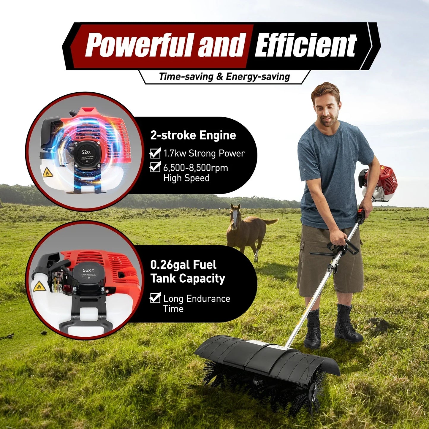Bymaocar Gas Powered Walk Behind Lawn Sweeper 2 Stroke 2.3HP