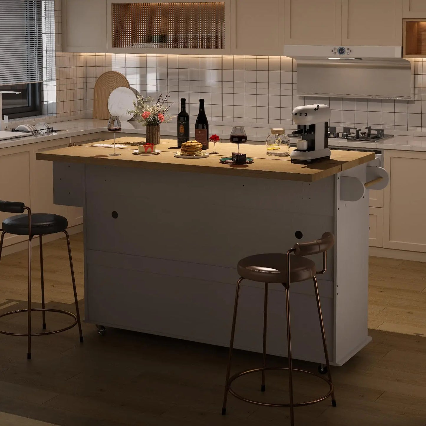 ONBRILL Drop-Leaf Mobile Kitchen Island With Power Outlet