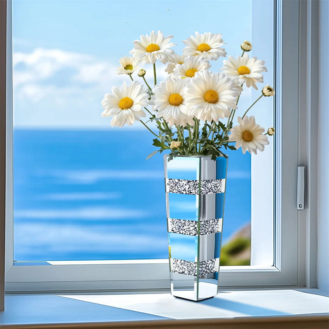 Modern Floor Vase With Crystals Mirrored Silver Standing Vase