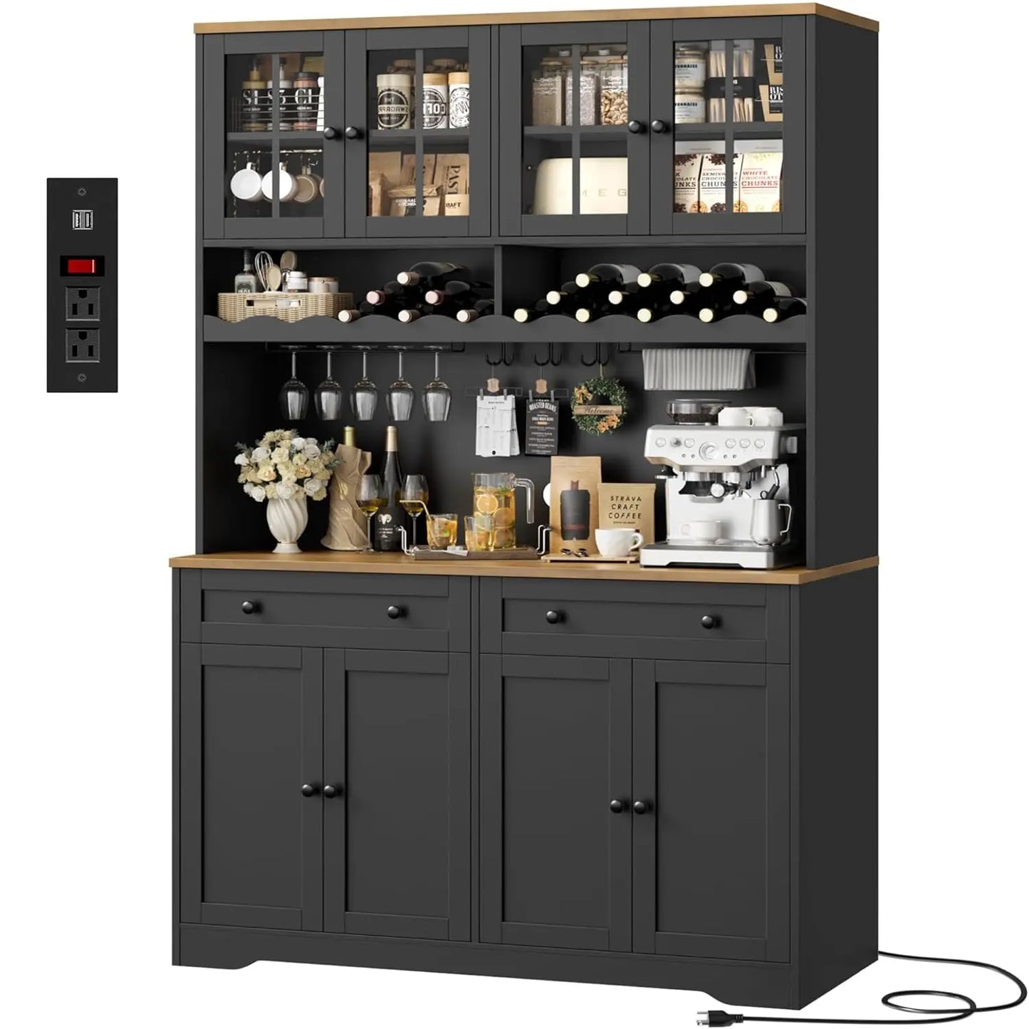 Modern Kitchen Pantry Cabinet With Charging Station And Microwave Stand